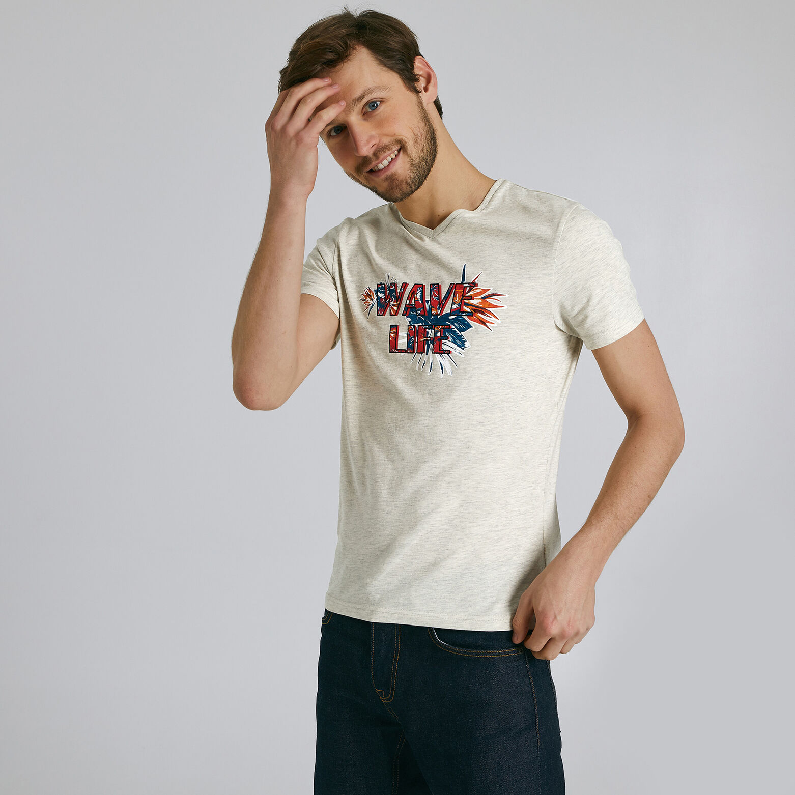 Tee shirt manches courtes col V imprimé WAVE LIFE