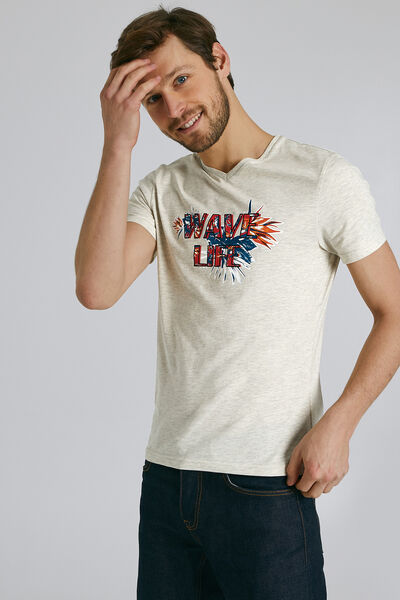 Tee shirt manches courtes col V imprimé WAVE LIFE