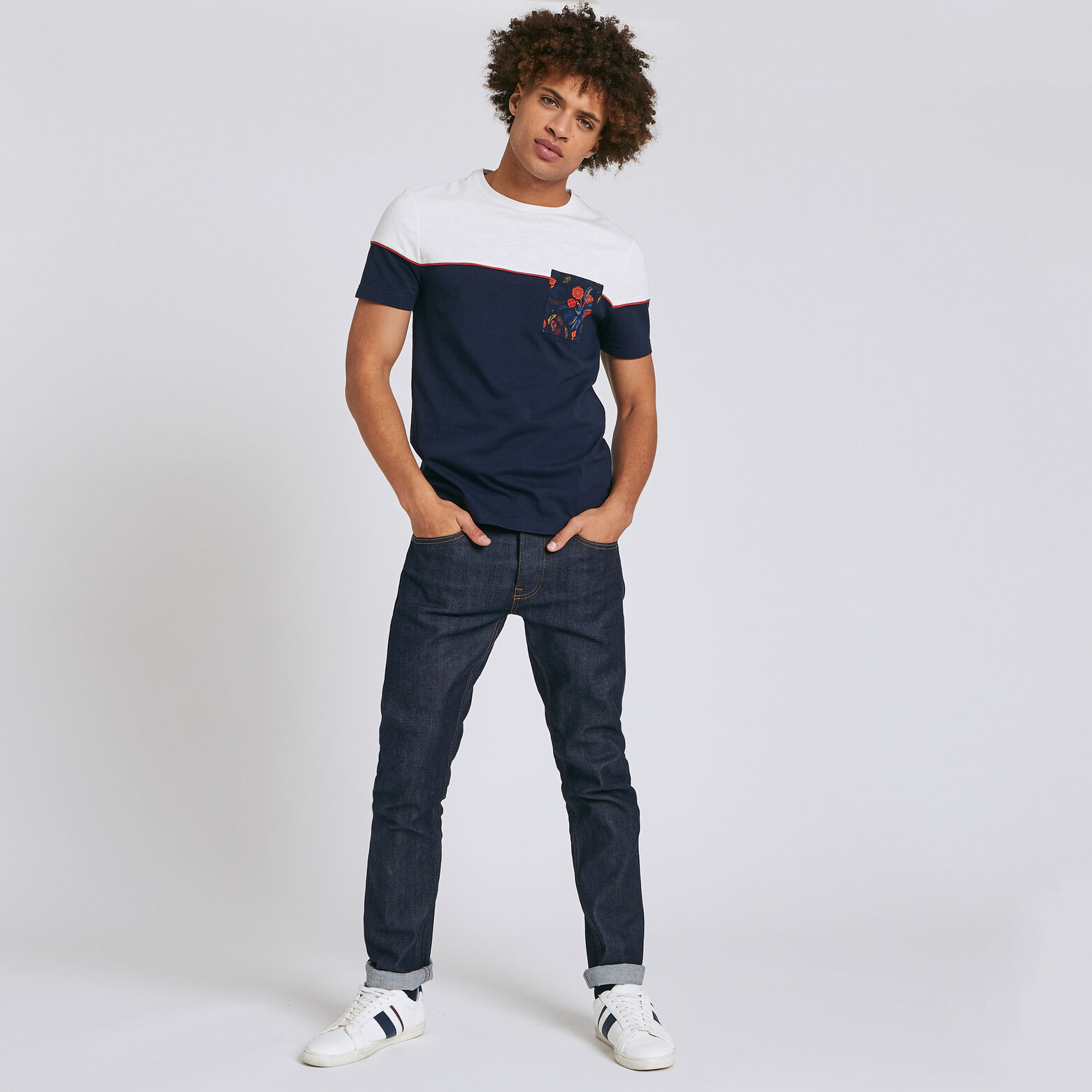 Tee shirt colorblock poche fleurie