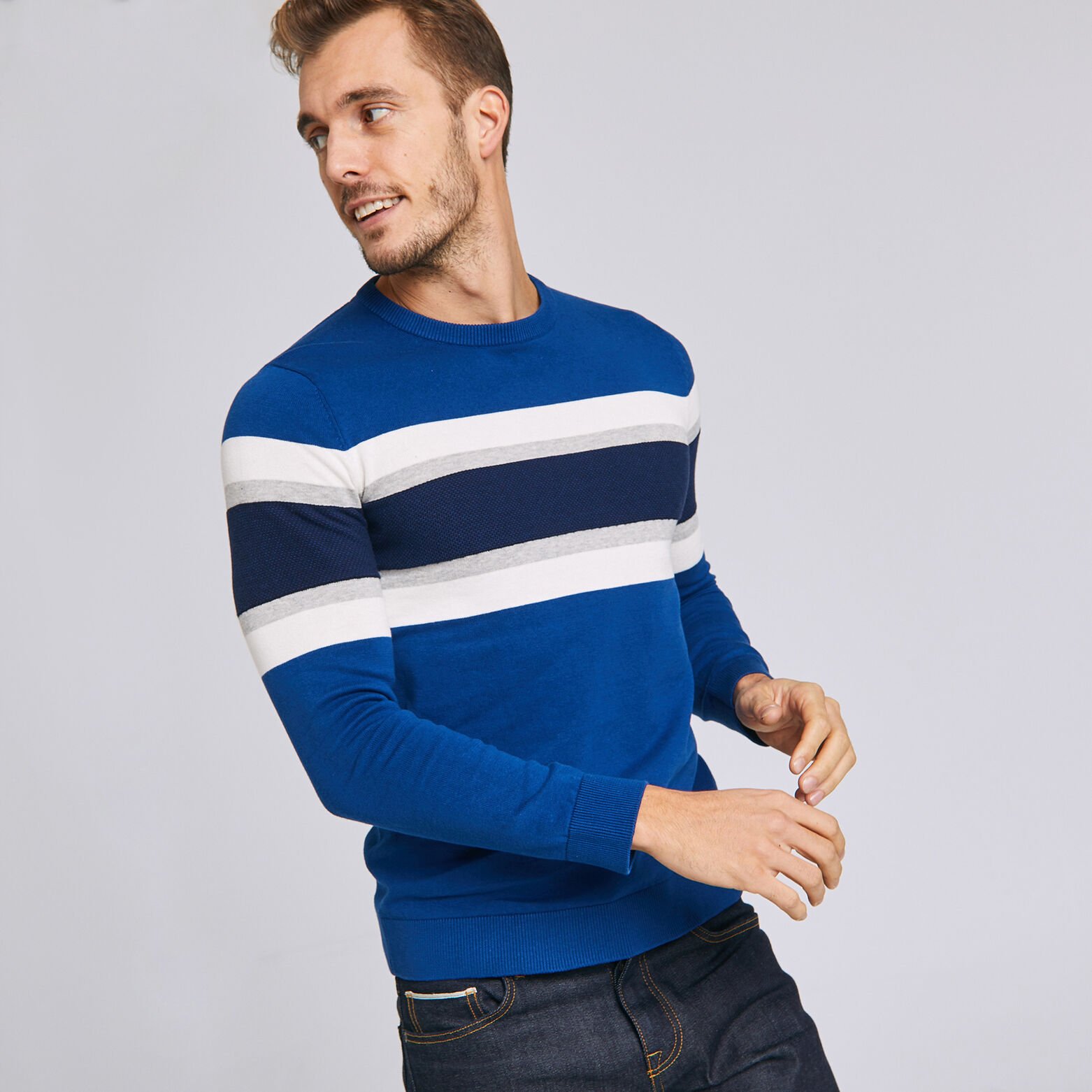 Pull col rond tricolore