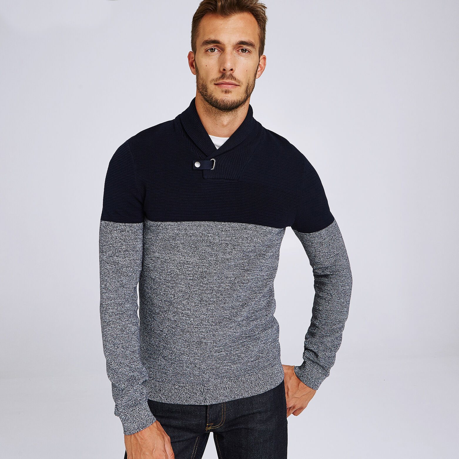 Pull col châle colorblock