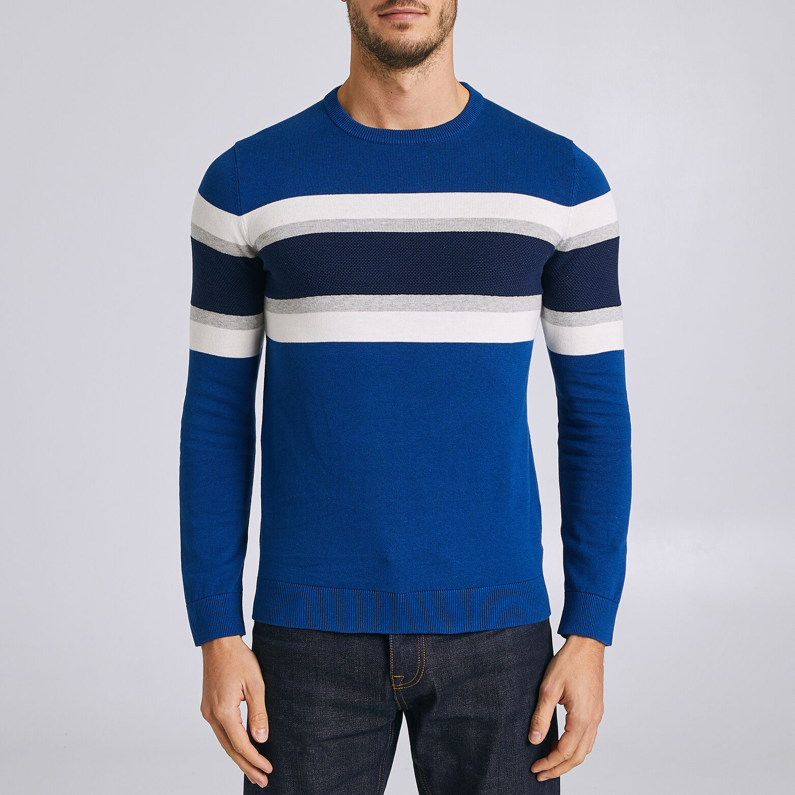 Pull col rond tricolore