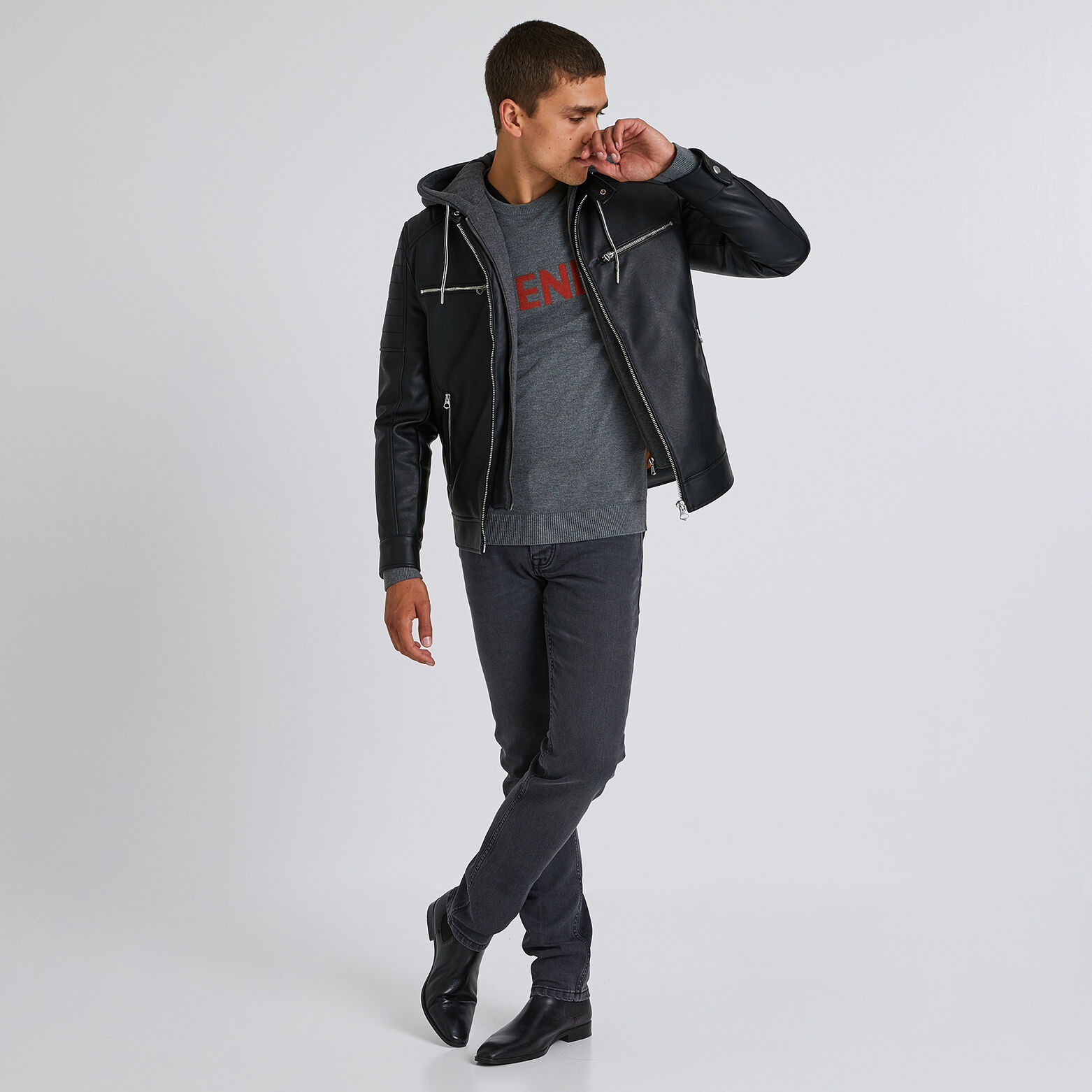Blouson imitation cuir à capuche