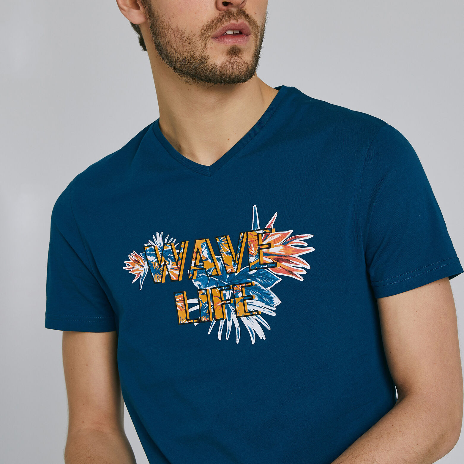 Tee shirt manches courtes col V imprimé WAVE LIFE