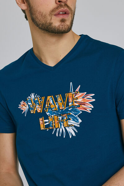 Tee shirt manches courtes col V imprimé WAVE LIFE