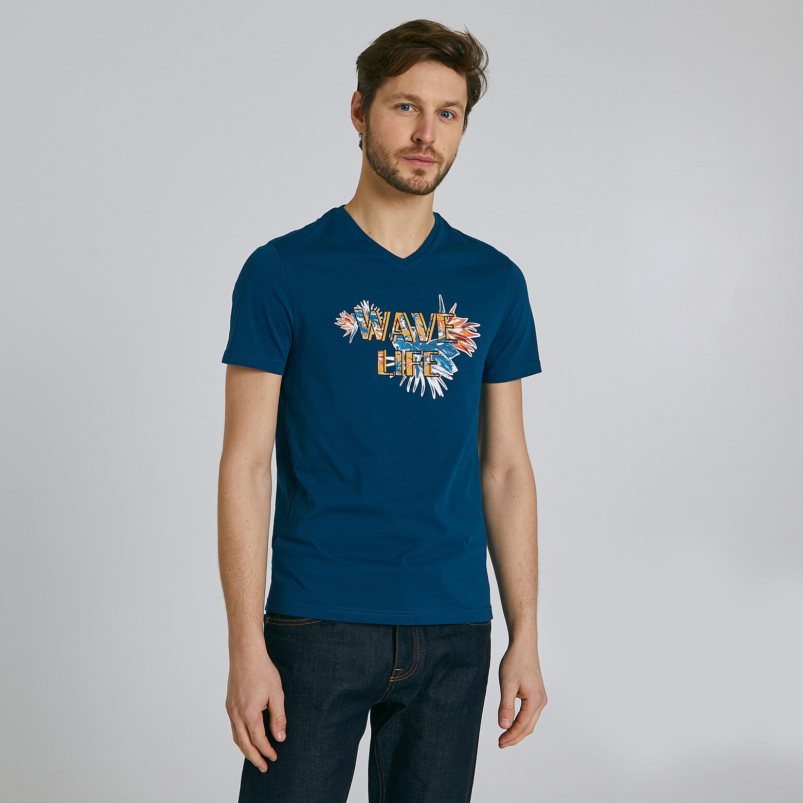 Tee shirt manches courtes col V imprimé WAVE LIFE
