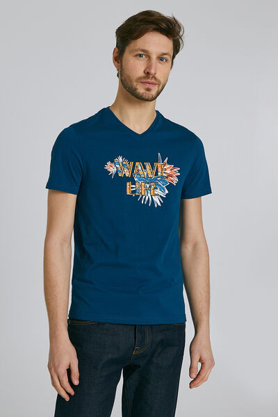 Tee shirt manches courtes col V imprimé WAVE LIFE
