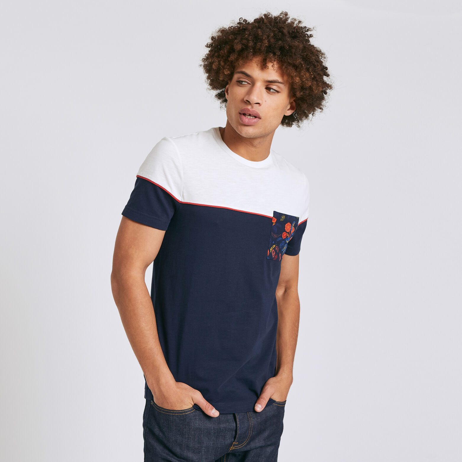 Tee shirt colorblock poche fleurie