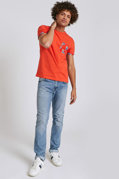Tee shirt uni manches courtes détail imprimé hibis