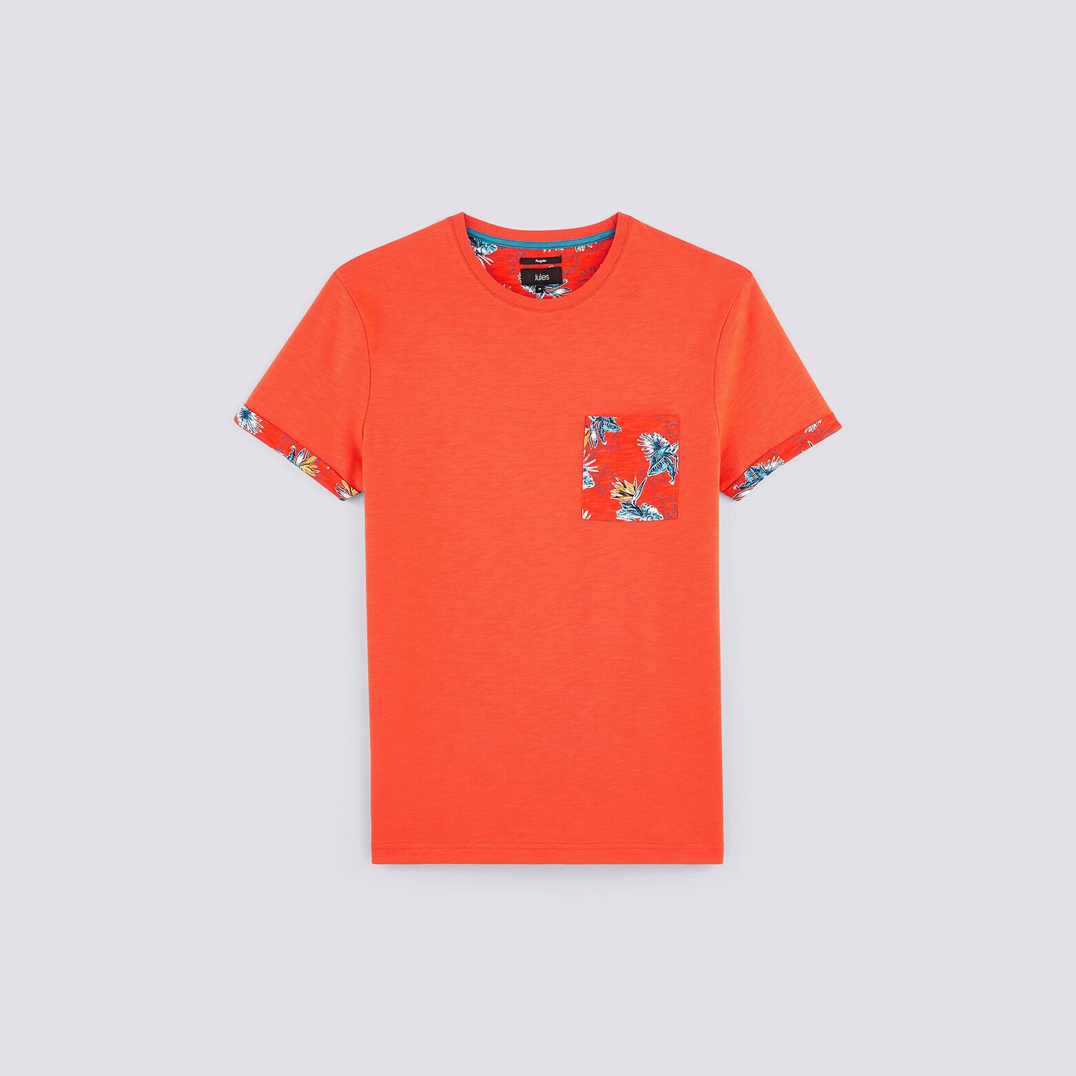 Tee shirt uni manches courtes détail imprimé hibis