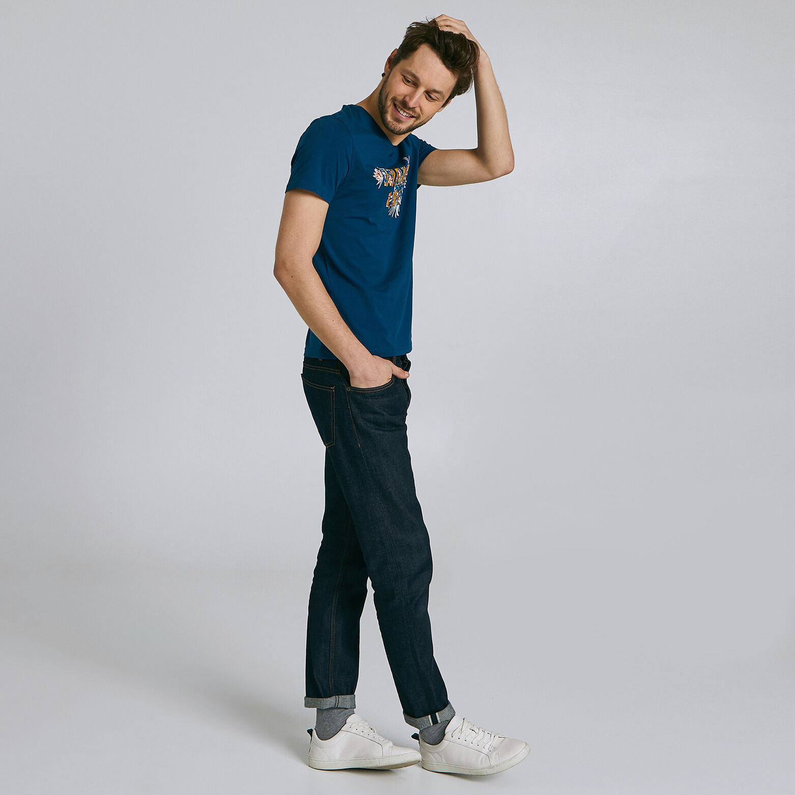 Tee shirt manches courtes col V imprimé WAVE LIFE