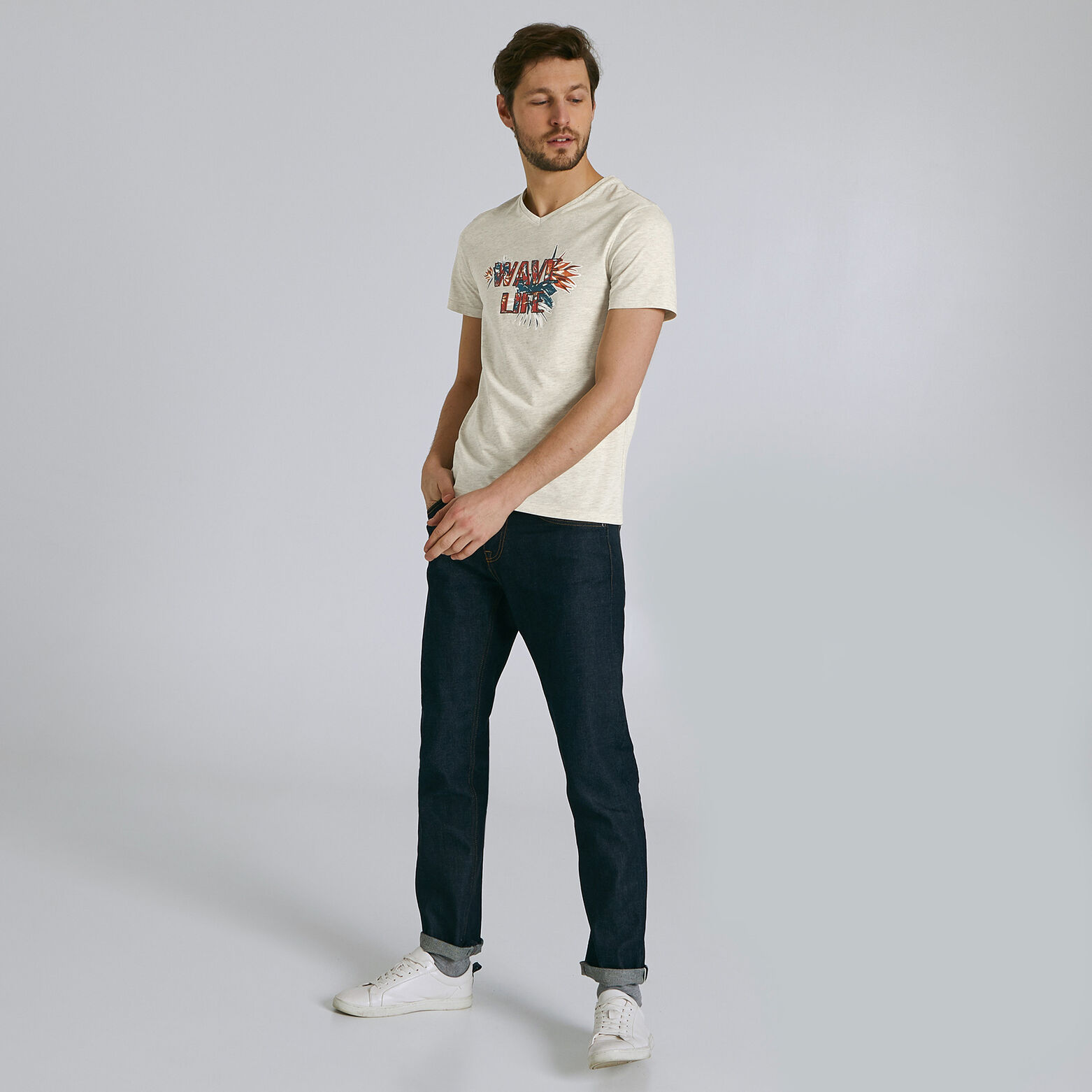 Tee shirt manches courtes col V imprimé WAVE LIFE