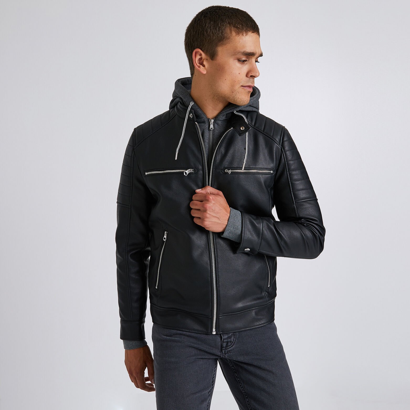 Blouson imitation cuir à capuche