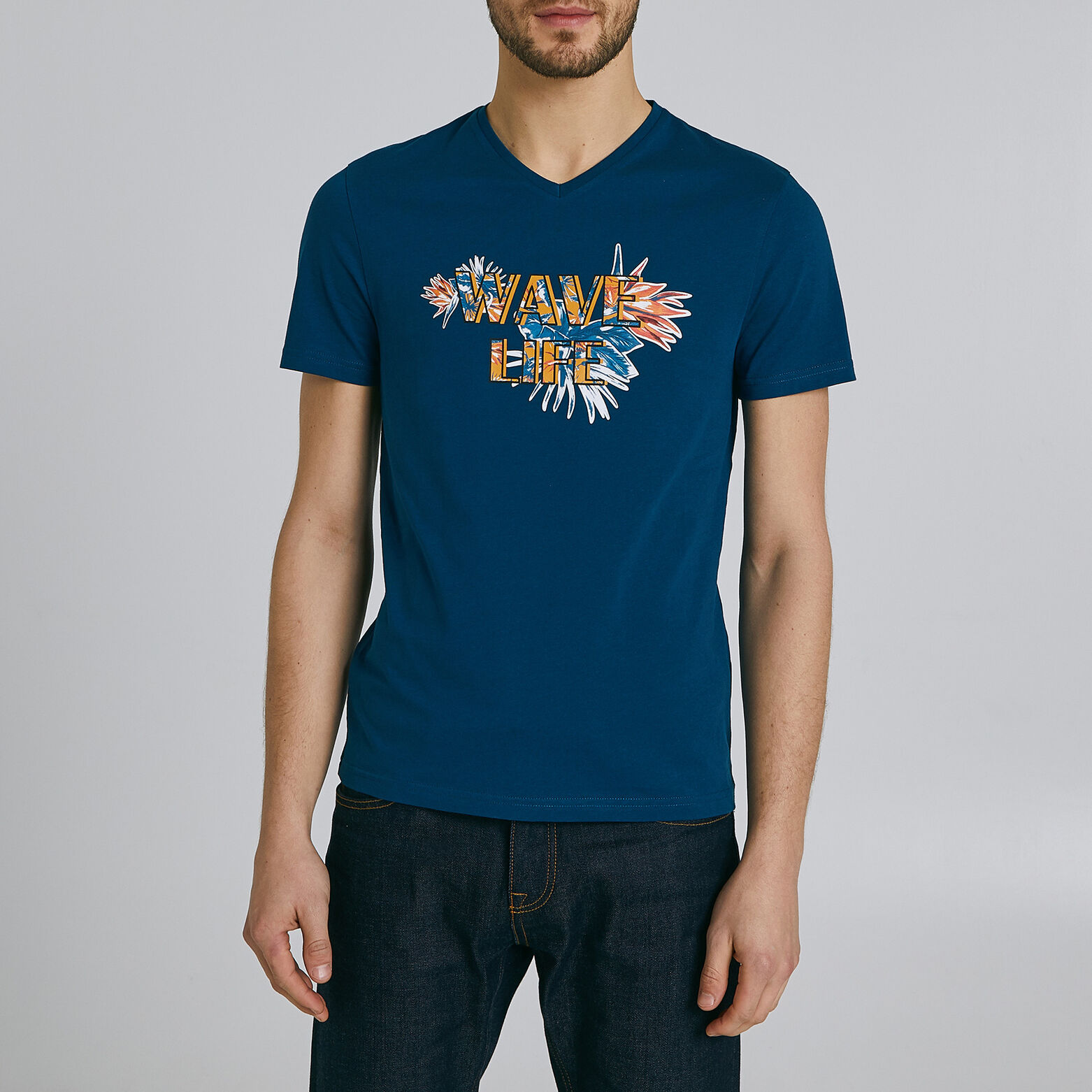 Tee shirt manches courtes col V imprimé WAVE LIFE