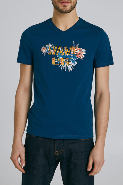 Tee shirt manches courtes col V imprimé WAVE LIFE