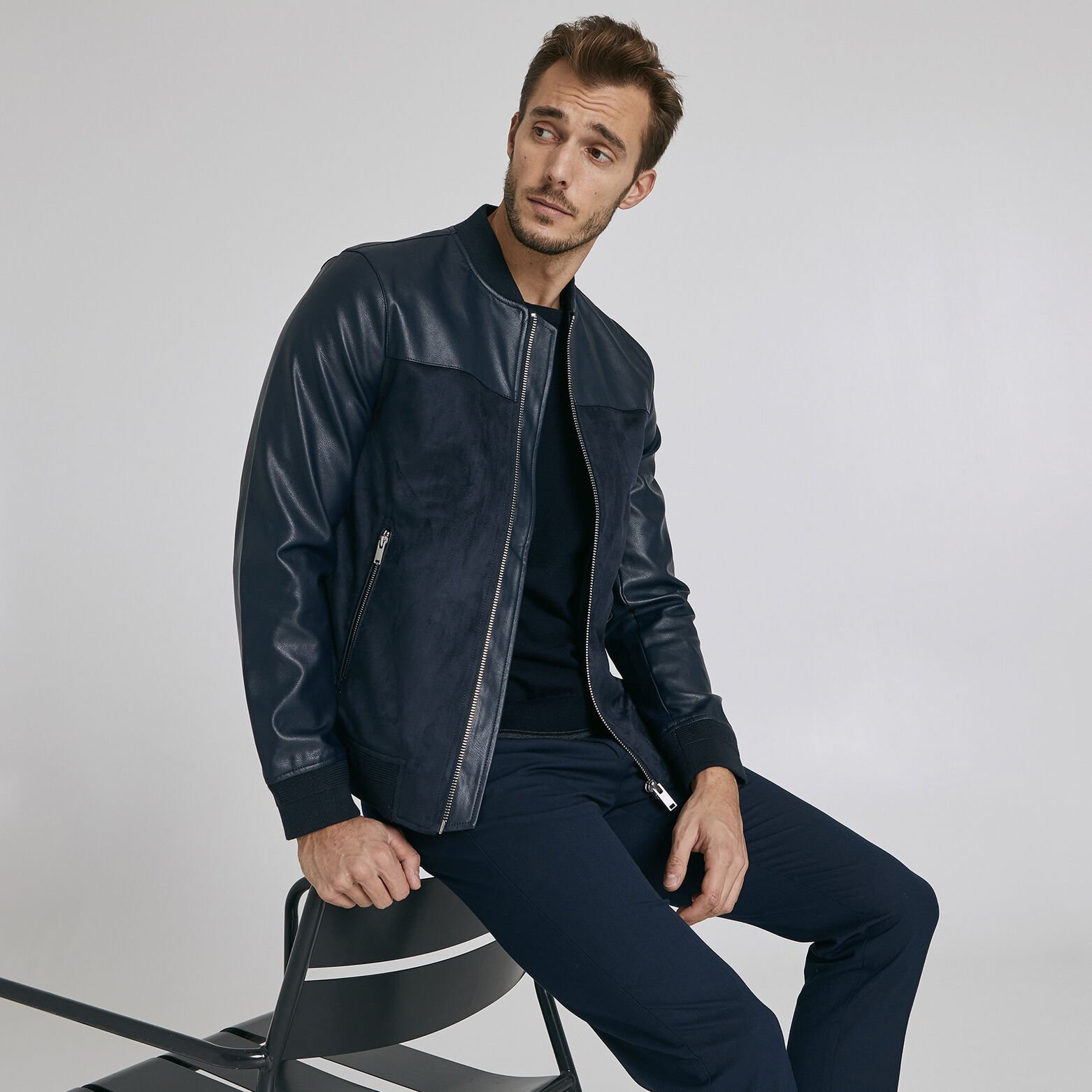Blouson zippé bi-matière uni