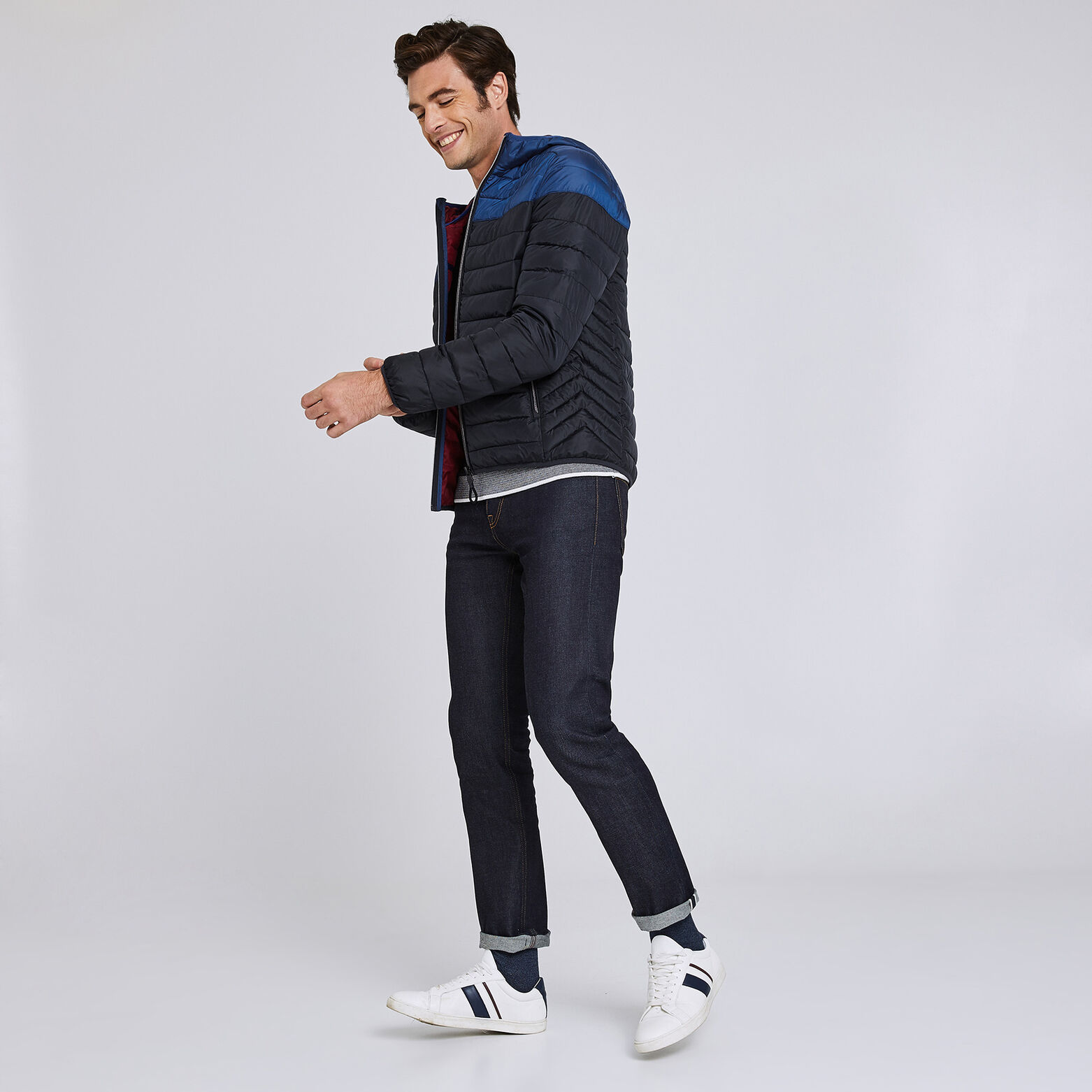 Doudoune déperlante à capuche colorblock