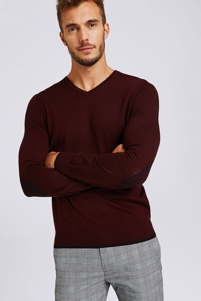 Pull laine mérinos uni col V