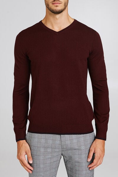 Pull laine mérinos uni col V