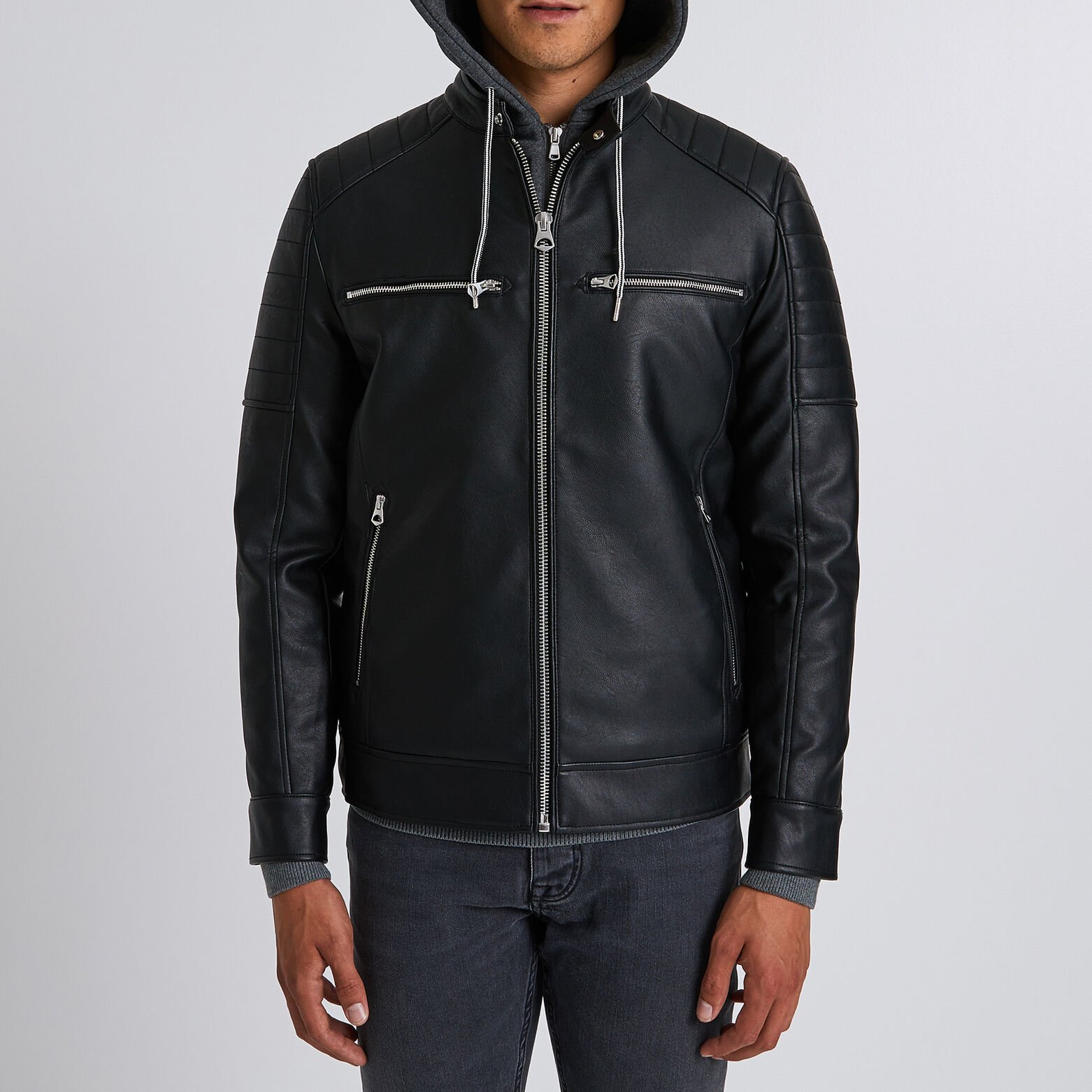 Blouson imitation cuir à capuche