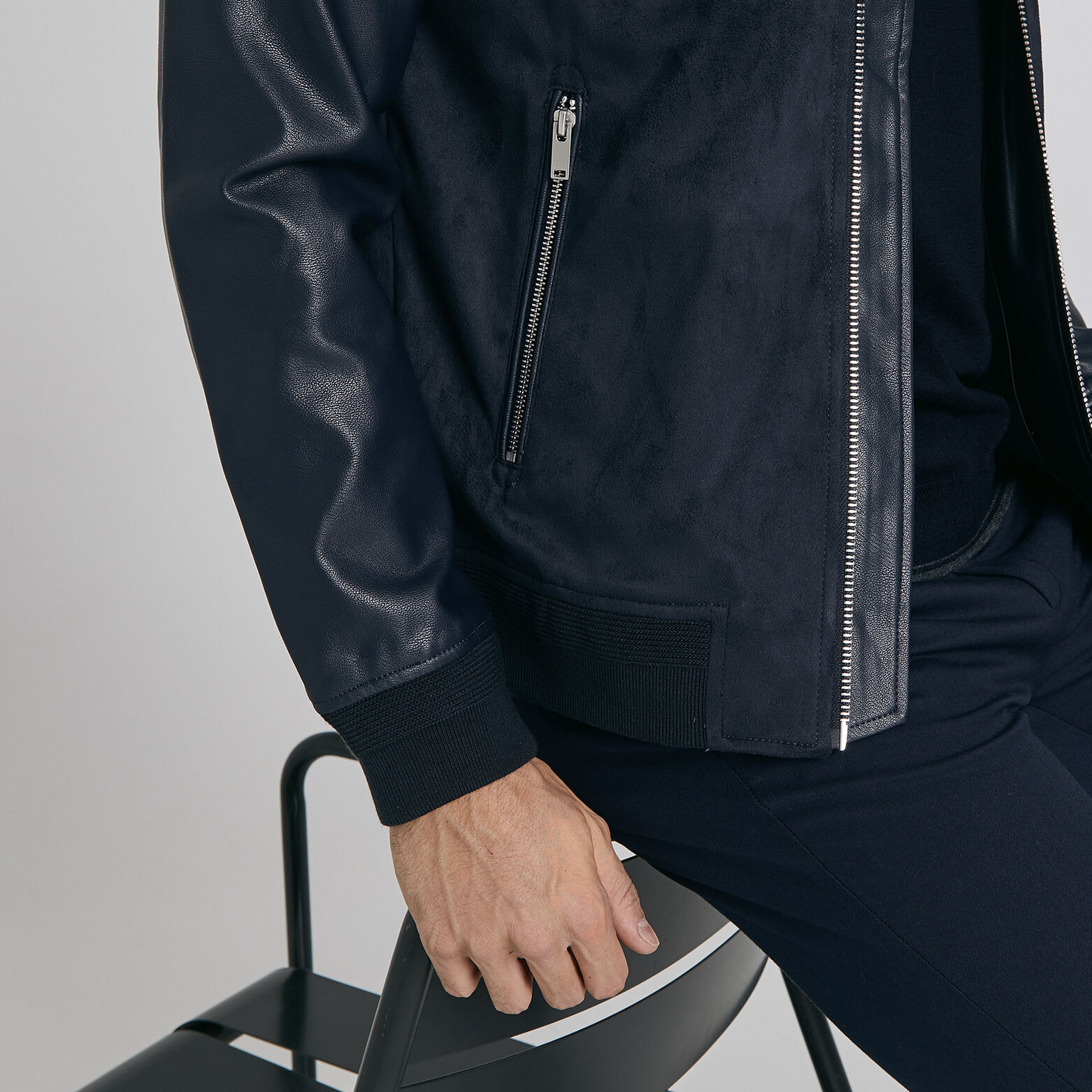 Blouson zippé bi-matière uni