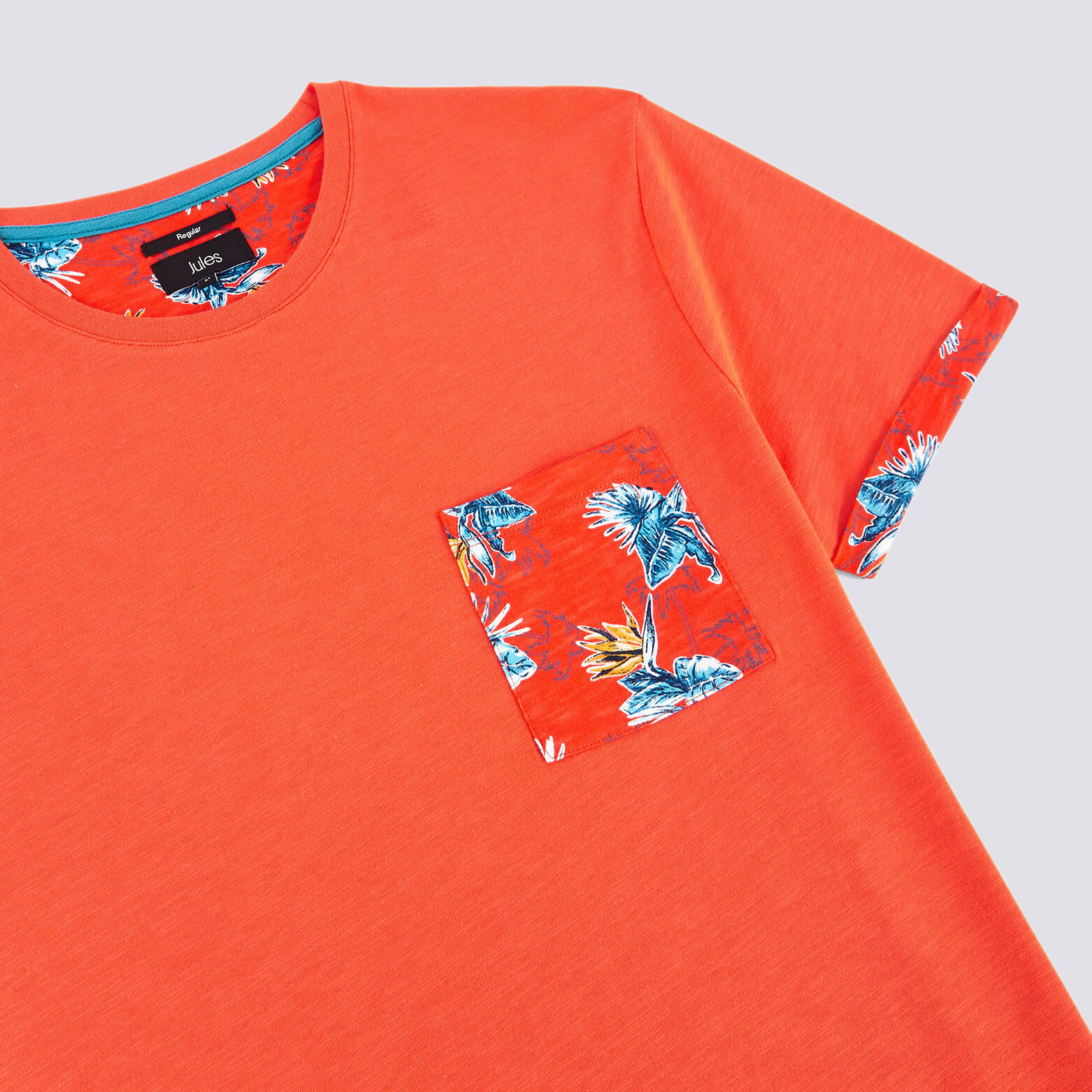 Tee shirt uni manches courtes détail imprimé hibis