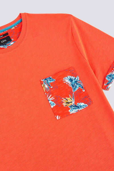 Tee shirt uni manches courtes détail imprimé hibis