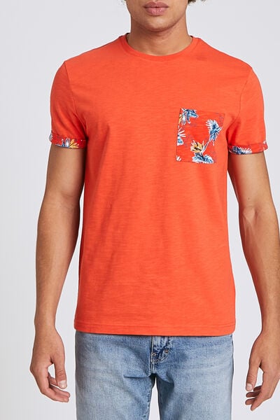 Tee shirt uni manches courtes détail imprimé hibis