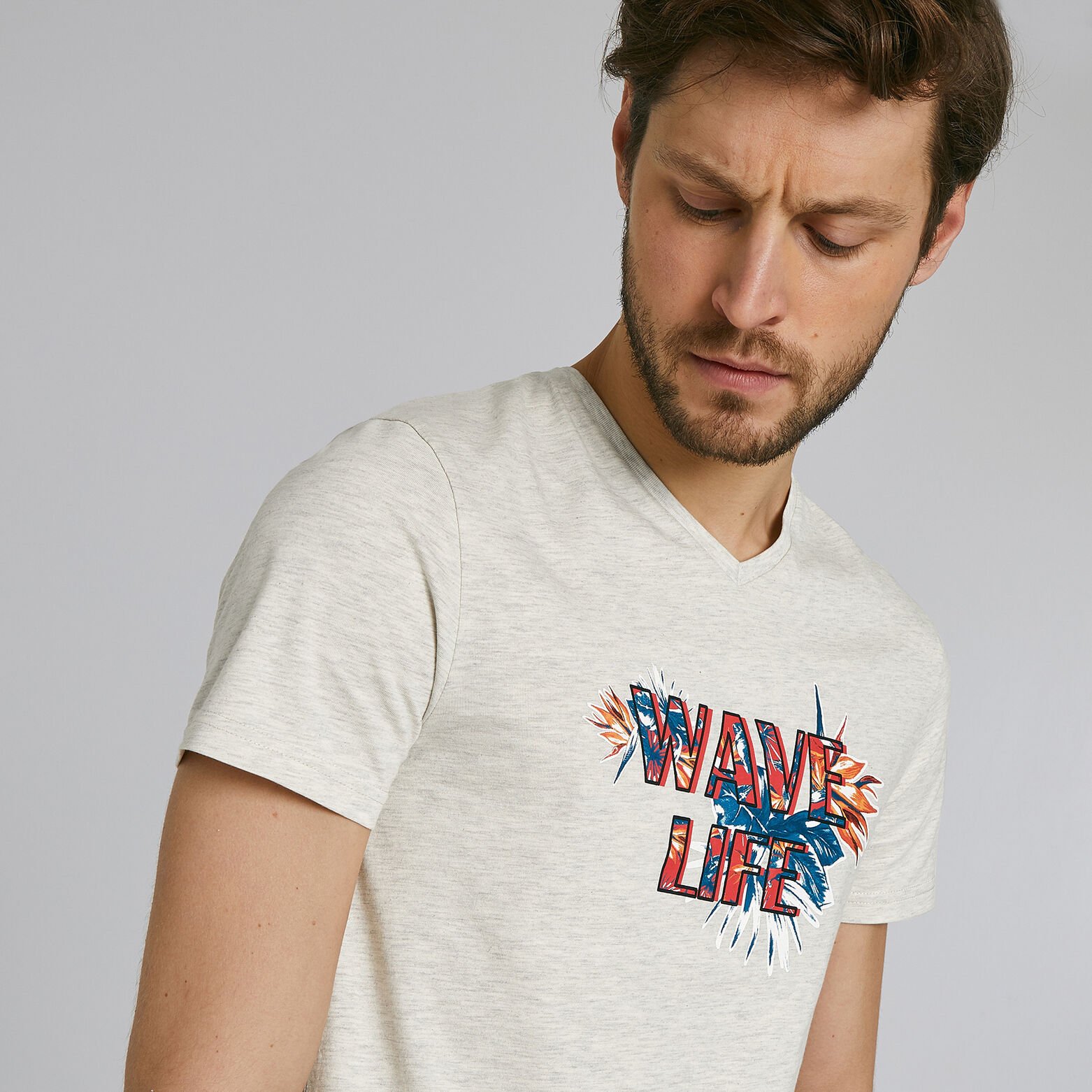 Tee shirt manches courtes col V imprimé WAVE LIFE