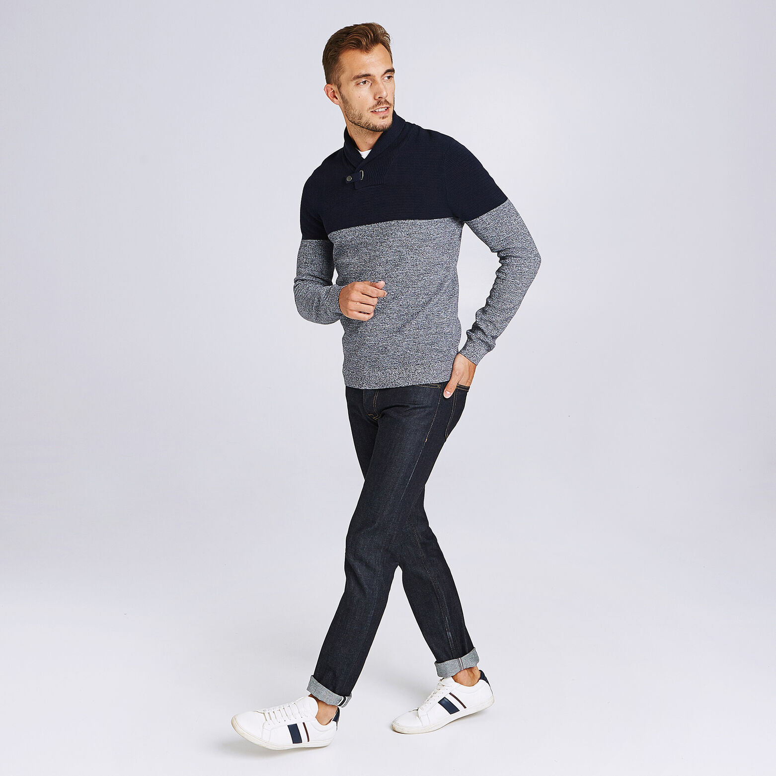 Pull col châle colorblock