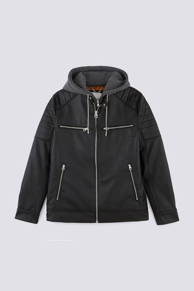 Blouson imitation cuir à capuche