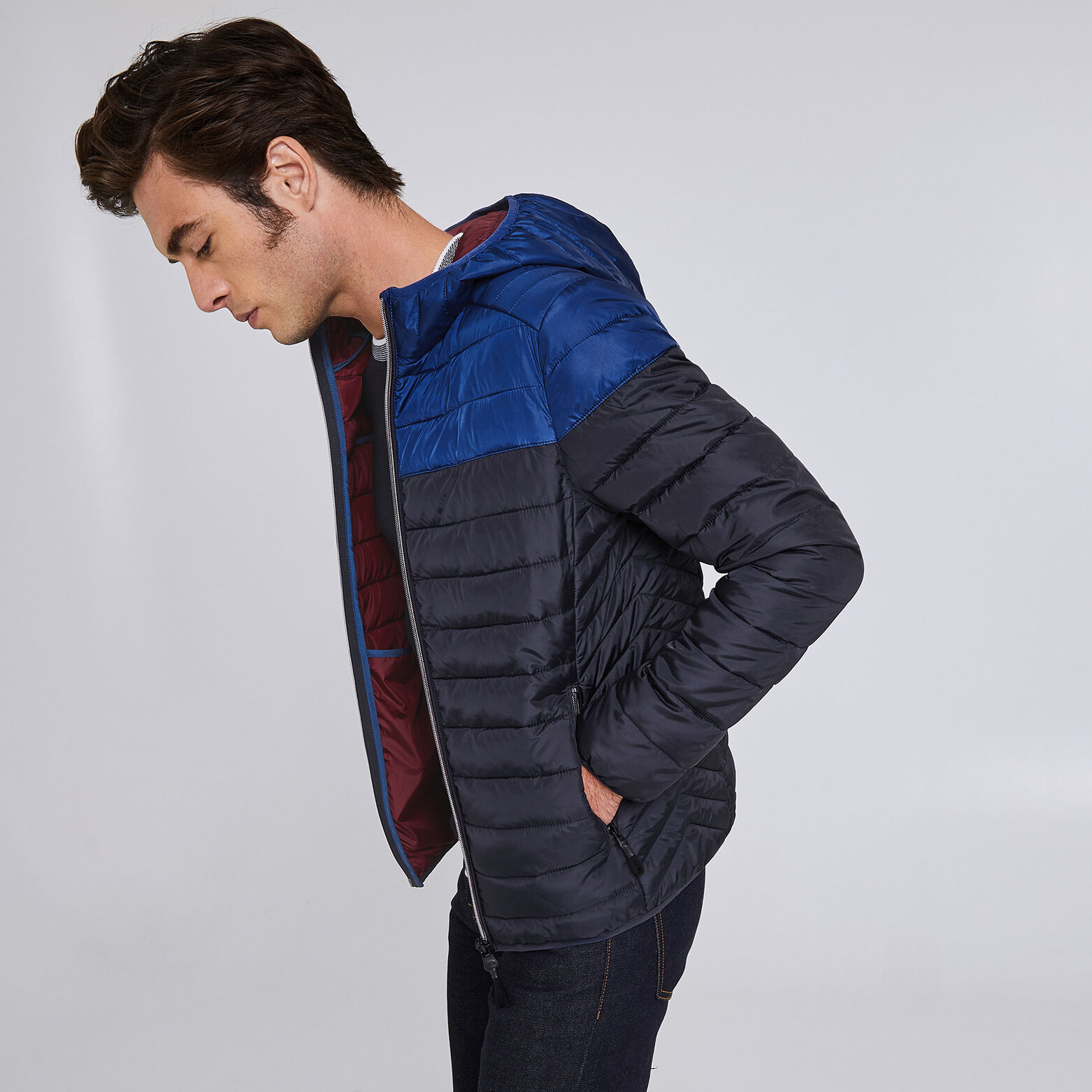 Doudoune déperlante à capuche colorblock