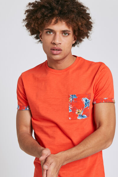 Tee shirt uni manches courtes détail imprimé hibis