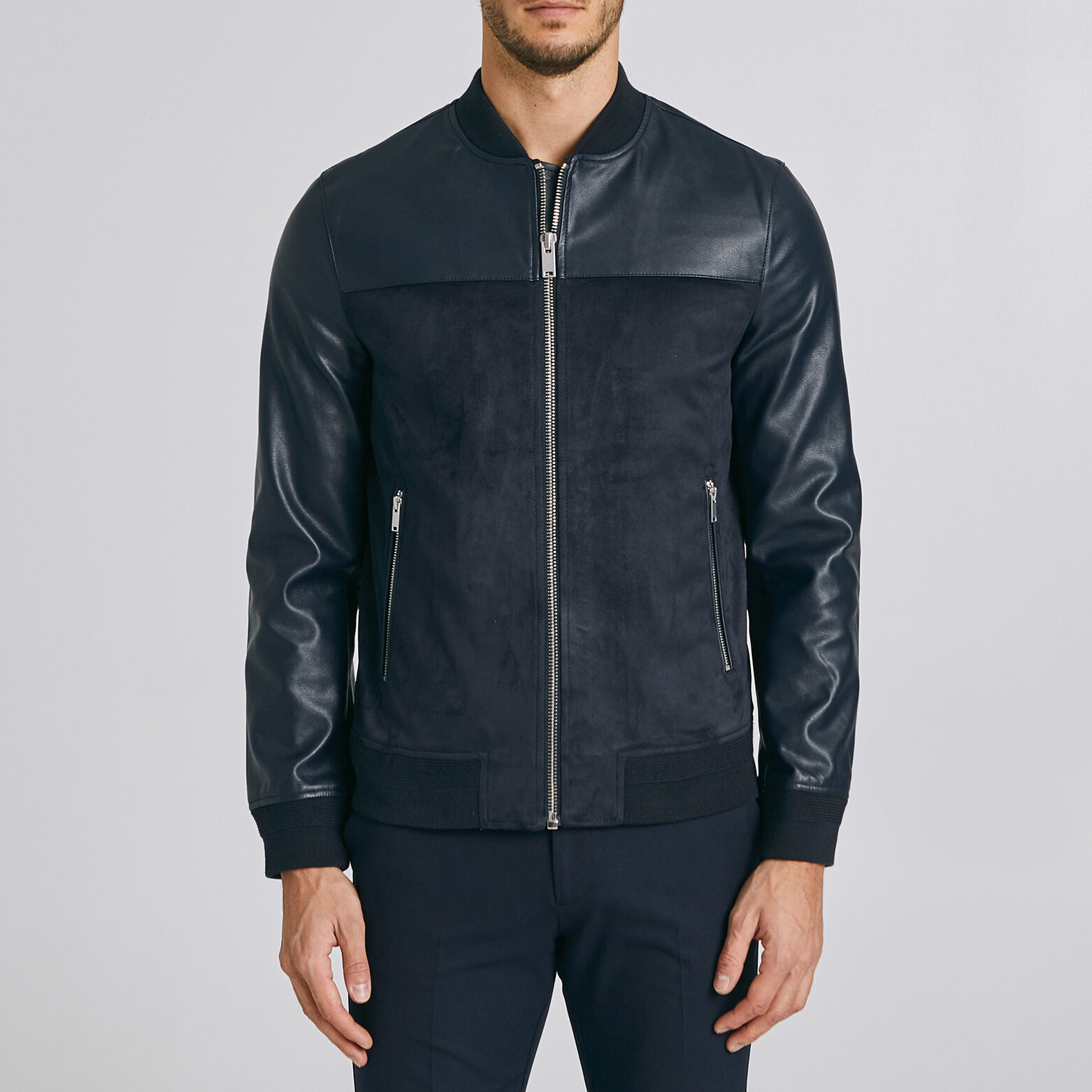 Blouson zippé bi-matière uni
