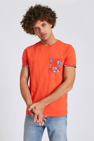 Tee shirt uni manches courtes détail imprimé hibis