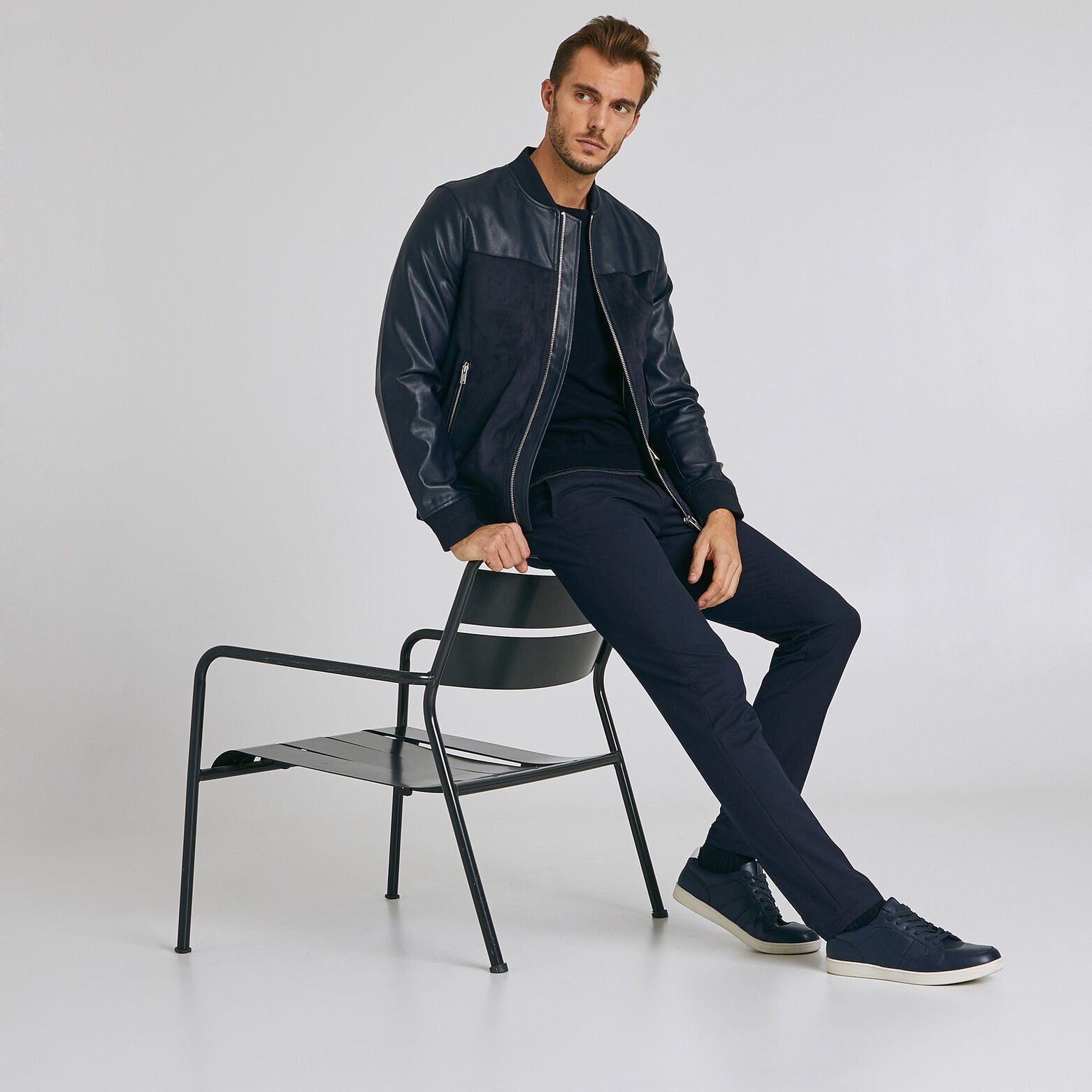 Blouson zippé bi-matière uni
