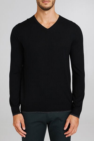 Pull laine mérinos uni col V