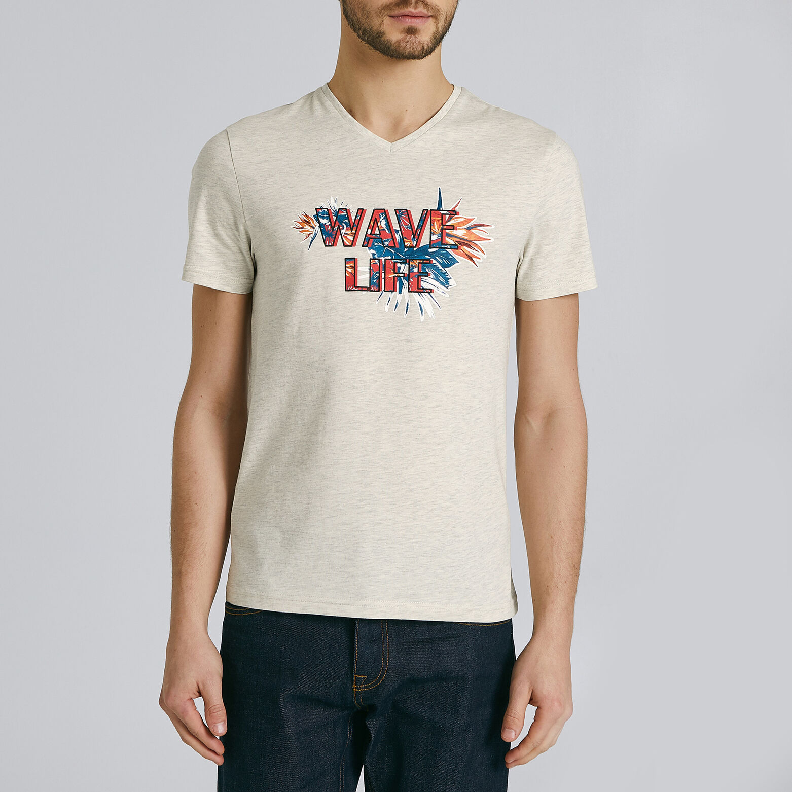 Tee shirt manches courtes col V imprimé WAVE LIFE