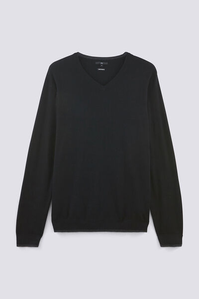Pull laine mérinos uni col V