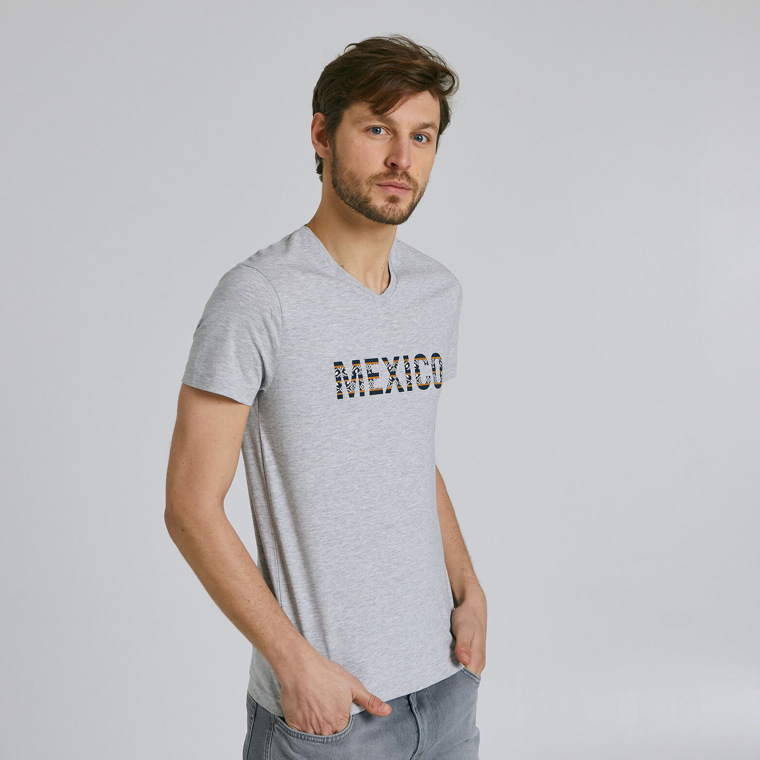 Tee-shirt manches courtes col V message MEXICO