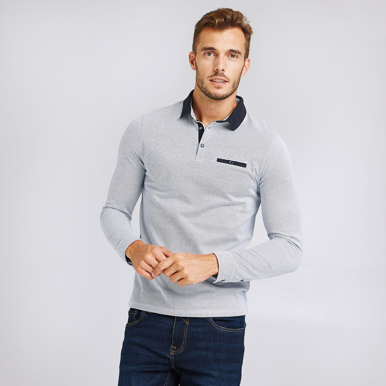 Polo manche longue maille piquée contrastée